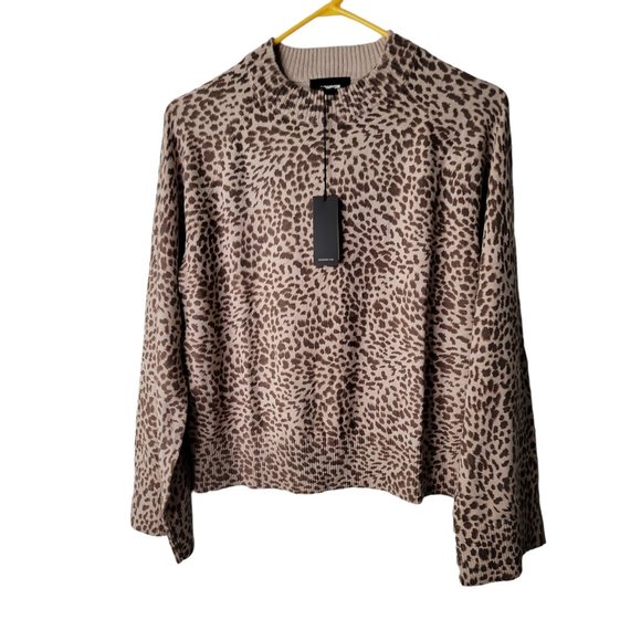 Monrow Size XS Womens Sweater Leopard Print Mock Neck Cashmere Blend Top NWT - Picture 1 of 6
